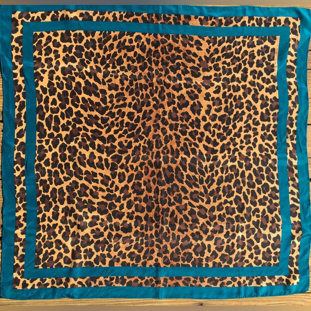 Vintage 80s Perry Ellis Leopard Square Silk Scarf with Teal Border 30 x 29
